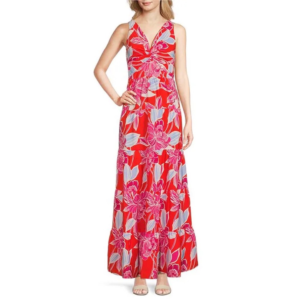 Eliza J Floral V-Neck Twist Front Tiered Maxi Dress Pink Red size 2